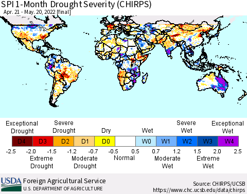 World SPI 1-Month Drought Severity (CHIRPS) Thematic Map For 4/21/2022 - 5/20/2022