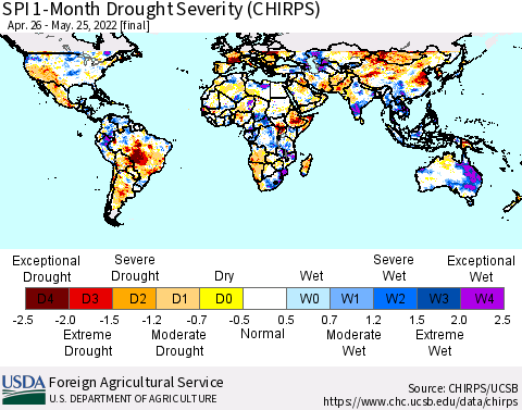World SPI 1-Month Drought Severity (CHIRPS) Thematic Map For 4/26/2022 - 5/25/2022