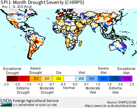 World SPI 1-Month Drought Severity (CHIRPS) Thematic Map For 5/1/2022 - 5/31/2022