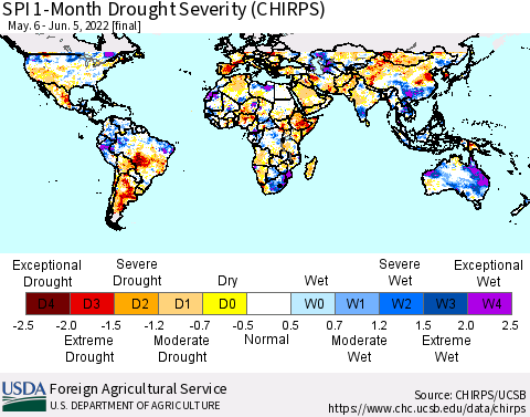 World SPI 1-Month Drought Severity (CHIRPS) Thematic Map For 5/6/2022 - 6/5/2022