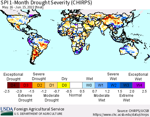 World SPI 1-Month Drought Severity (CHIRPS) Thematic Map For 5/16/2022 - 6/15/2022