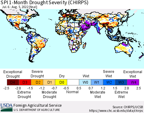 World SPI 1-Month Drought Severity (CHIRPS) Thematic Map For 7/6/2022 - 8/5/2022