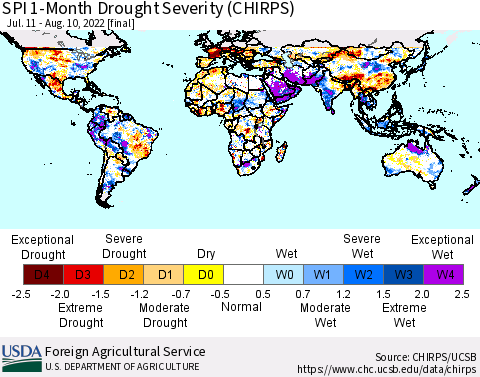 World SPI 1-Month Drought Severity (CHIRPS) Thematic Map For 7/11/2022 - 8/10/2022