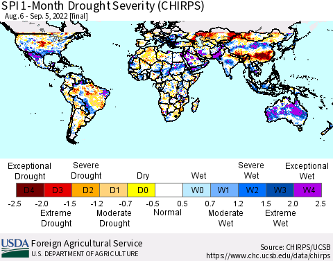 World SPI 1-Month Drought Severity (CHIRPS) Thematic Map For 8/6/2022 - 9/5/2022