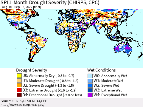 World SPI 1-Month Drought Severity (CHIRPS) Thematic Map For 8/16/2022 - 9/15/2022