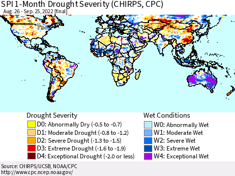 World SPI 1-Month Drought Severity (CHIRPS) Thematic Map For 8/26/2022 - 9/25/2022