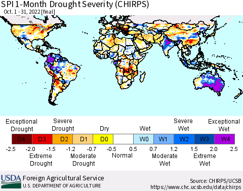 World SPI 1-Month Drought Severity (CHIRPS) Thematic Map For 10/1/2022 - 10/31/2022