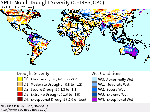 World SPI 1-Month Drought Severity (CHIRPS) Thematic Map For 10/1/2022 - 10/31/2022