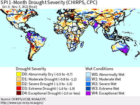 World SPI 1-Month Drought Severity (CHIRPS) Thematic Map For 10/6/2022 - 11/5/2022