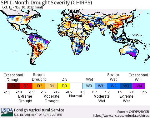 World SPI 1-Month Drought Severity (CHIRPS) Thematic Map For 10/11/2022 - 11/10/2022