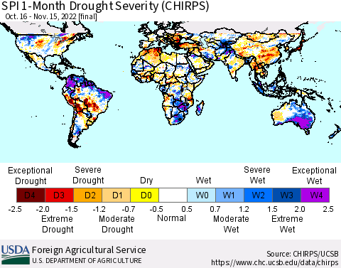 World SPI 1-Month Drought Severity (CHIRPS) Thematic Map For 10/16/2022 - 11/15/2022