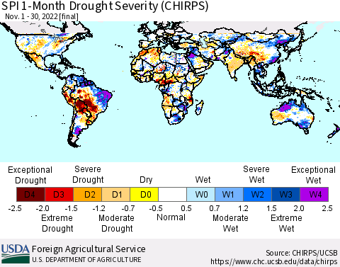 World SPI 1-Month Drought Severity (CHIRPS) Thematic Map For 11/1/2022 - 11/30/2022