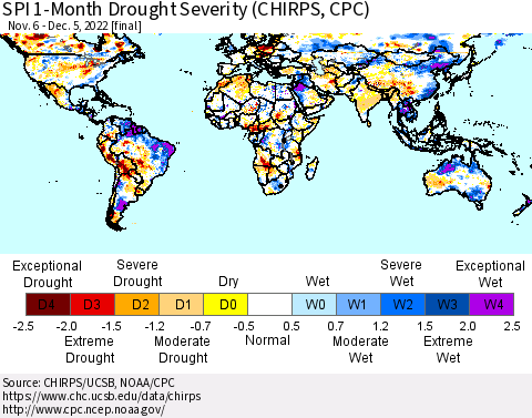 World SPI 1-Month Drought Severity (CHIRPS) Thematic Map For 11/6/2022 - 12/5/2022