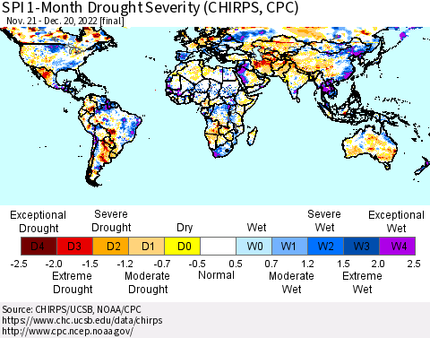 World SPI 1-Month Drought Severity (CHIRPS) Thematic Map For 11/21/2022 - 12/20/2022