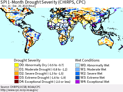 World SPI 1-Month Drought Severity (CHIRPS) Thematic Map For 11/21/2022 - 12/20/2022