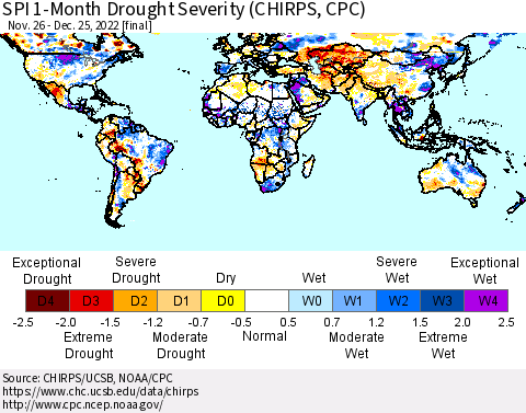 World SPI 1-Month Drought Severity (CHIRPS) Thematic Map For 11/26/2022 - 12/25/2022