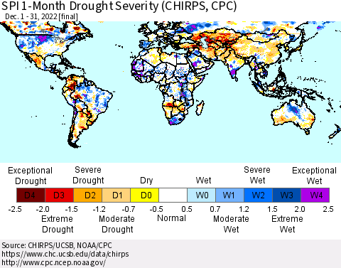 World SPI 1-Month Drought Severity (CHIRPS) Thematic Map For 12/1/2022 - 12/31/2022