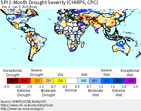 World SPI 1-Month Drought Severity (CHIRPS) Thematic Map For 12/6/2022 - 1/5/2023