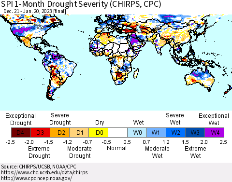 World SPI 1-Month Drought Severity (CHIRPS) Thematic Map For 12/21/2022 - 1/20/2023