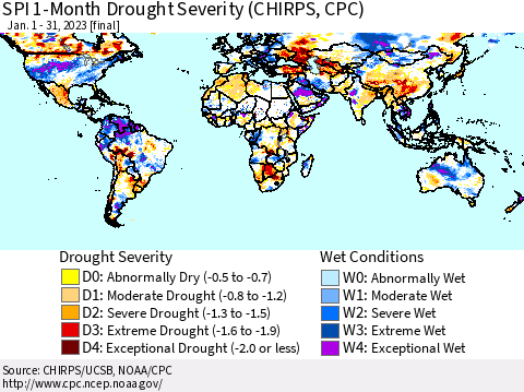 World SPI 1-Month Drought Severity (CHIRPS) Thematic Map For 1/1/2023 - 1/31/2023