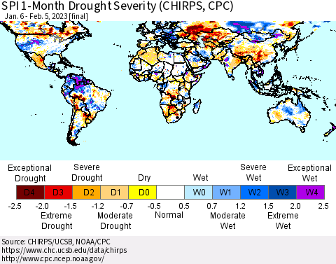 World SPI 1-Month Drought Severity (CHIRPS) Thematic Map For 1/6/2023 - 2/5/2023
