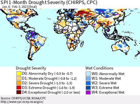 World SPI 1-Month Drought Severity (CHIRPS) Thematic Map For 1/6/2023 - 2/5/2023