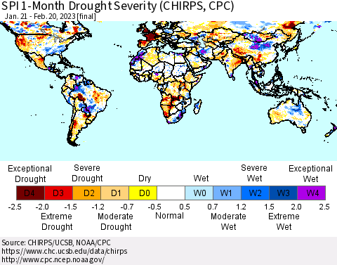 World SPI 1-Month Drought Severity (CHIRPS) Thematic Map For 1/21/2023 - 2/20/2023