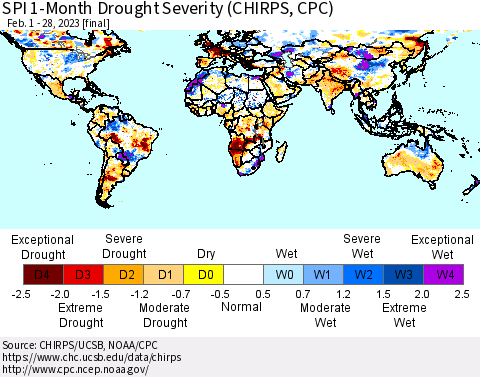 World SPI 1-Month Drought Severity (CHIRPS) Thematic Map For 2/1/2023 - 2/28/2023