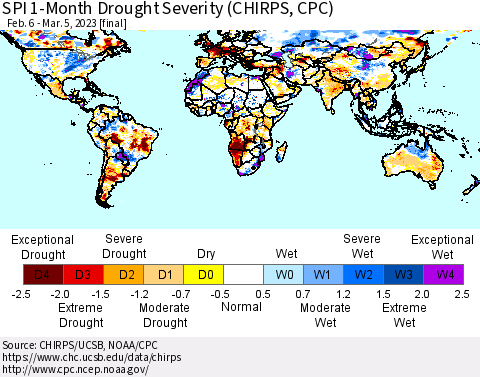World SPI 1-Month Drought Severity (CHIRPS) Thematic Map For 2/6/2023 - 3/5/2023