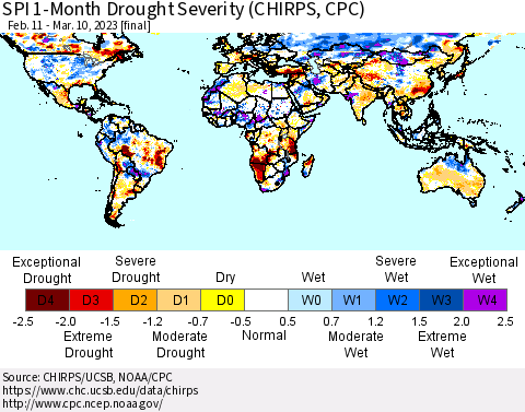 World SPI 1-Month Drought Severity (CHIRPS) Thematic Map For 2/11/2023 - 3/10/2023