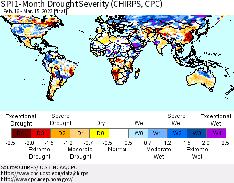 World SPI 1-Month Drought Severity (CHIRPS) Thematic Map For 2/16/2023 - 3/15/2023