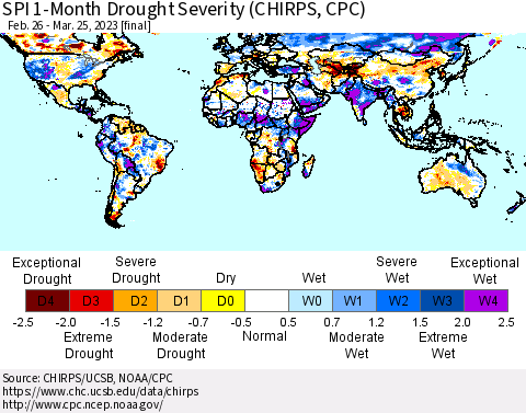 World SPI 1-Month Drought Severity (CHIRPS) Thematic Map For 2/26/2023 - 3/25/2023