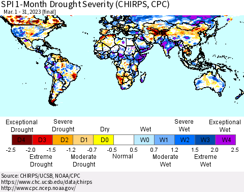 World SPI 1-Month Drought Severity (CHIRPS) Thematic Map For 3/1/2023 - 3/31/2023