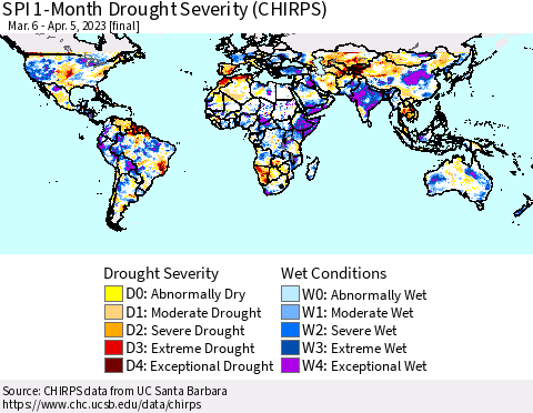 World SPI 1-Month Drought Severity (CHIRPS) Thematic Map For 3/6/2023 - 4/5/2023