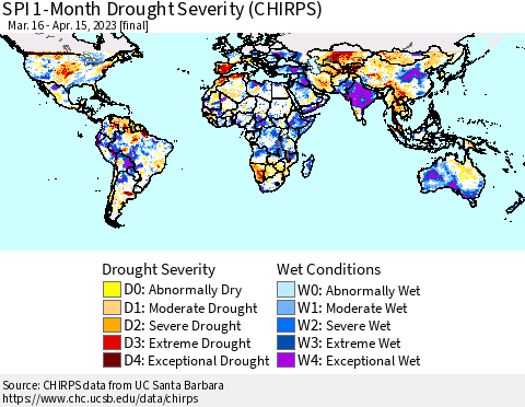 World SPI 1-Month Drought Severity (CHIRPS) Thematic Map For 3/16/2023 - 4/15/2023