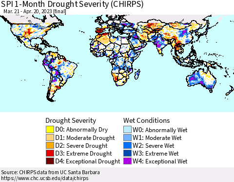 World SPI 1-Month Drought Severity (CHIRPS) Thematic Map For 3/21/2023 - 4/20/2023