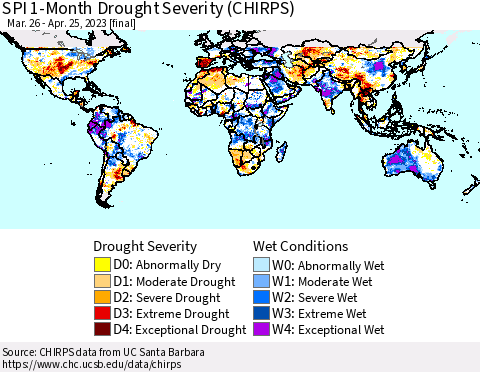 World SPI 1-Month Drought Severity (CHIRPS) Thematic Map For 3/26/2023 - 4/25/2023