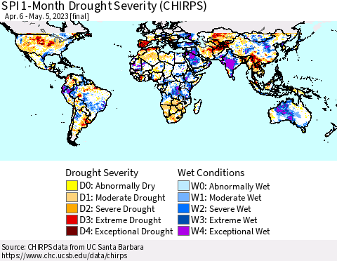 World SPI 1-Month Drought Severity (CHIRPS) Thematic Map For 4/6/2023 - 5/5/2023