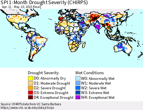 World SPI 1-Month Drought Severity (CHIRPS) Thematic Map For 4/11/2023 - 5/10/2023