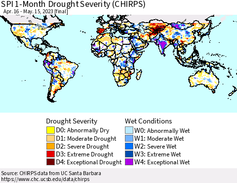 World SPI 1-Month Drought Severity (CHIRPS) Thematic Map For 4/16/2023 - 5/15/2023