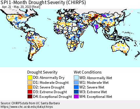 World SPI 1-Month Drought Severity (CHIRPS) Thematic Map For 4/21/2023 - 5/20/2023