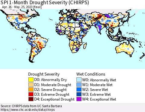 World SPI 1-Month Drought Severity (CHIRPS) Thematic Map For 4/26/2023 - 5/25/2023