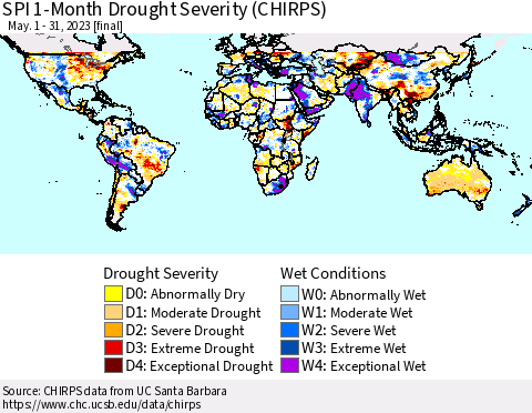 World SPI 1-Month Drought Severity (CHIRPS) Thematic Map For 5/1/2023 - 5/31/2023