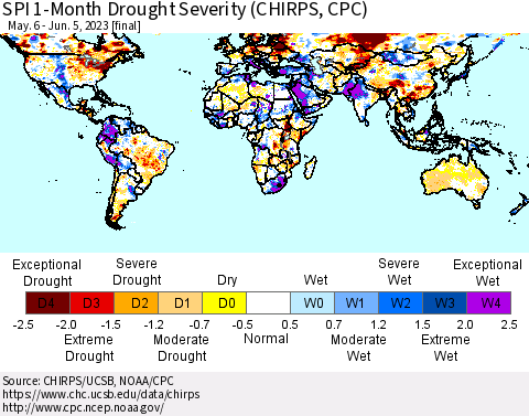 World SPI 1-Month Drought Severity (CHIRPS) Thematic Map For 5/6/2023 - 6/5/2023
