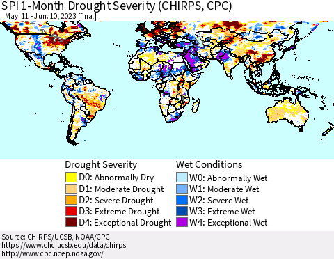 World SPI 1-Month Drought Severity (CHIRPS) Thematic Map For 5/11/2023 - 6/10/2023