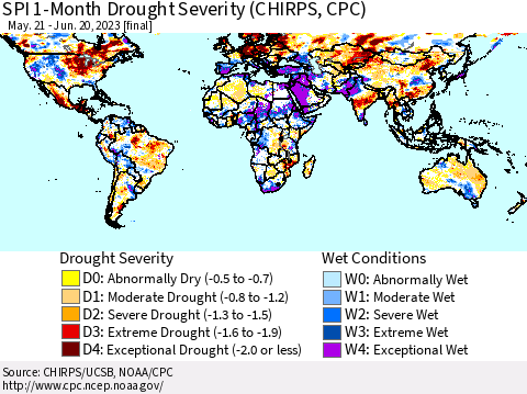 World SPI 1-Month Drought Severity (CHIRPS) Thematic Map For 5/21/2023 - 6/20/2023