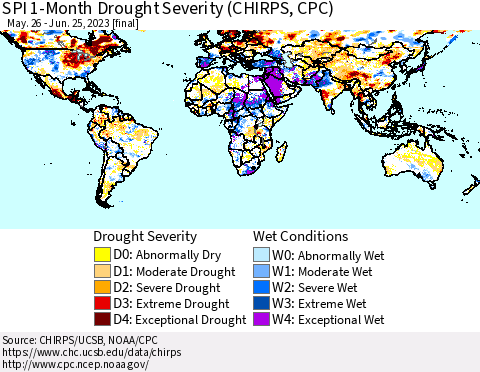 World SPI 1-Month Drought Severity (CHIRPS) Thematic Map For 5/26/2023 - 6/25/2023