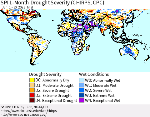 World SPI 1-Month Drought Severity (CHIRPS) Thematic Map For 6/1/2023 - 6/30/2023