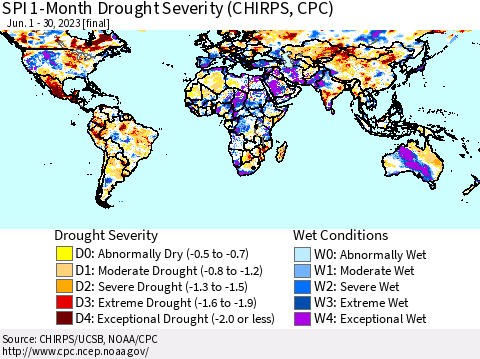 World SPI 1-Month Drought Severity (CHIRPS) Thematic Map For 6/1/2023 - 6/30/2023