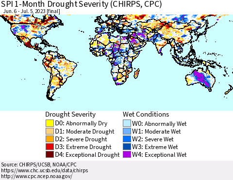World SPI 1-Month Drought Severity (CHIRPS) Thematic Map For 6/6/2023 - 7/5/2023